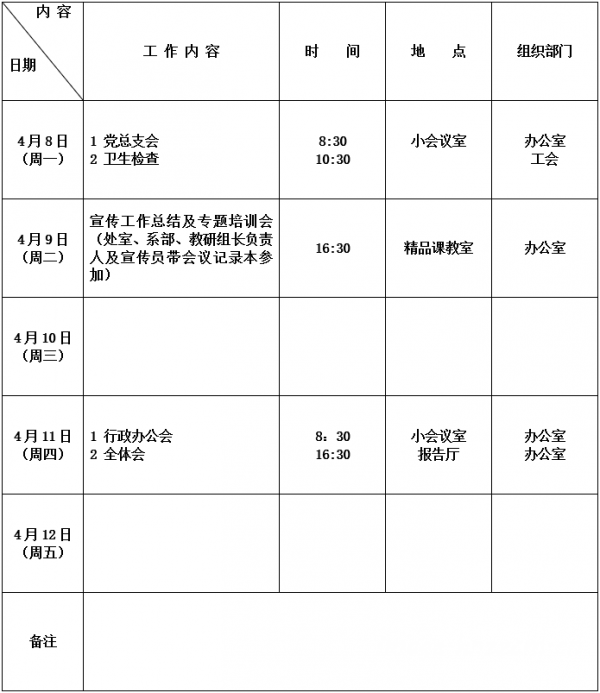 郑州市财贸学校2018-2019学年第二学期第7周工作安排