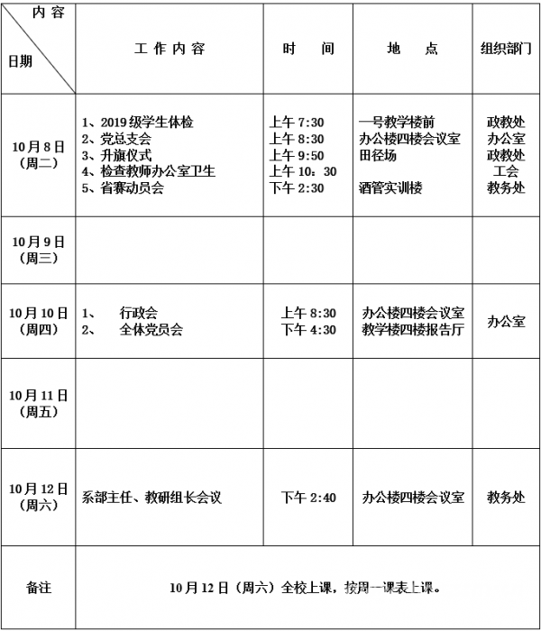 郑州市财贸学校2019 2020学年第一学期第6周工作安排