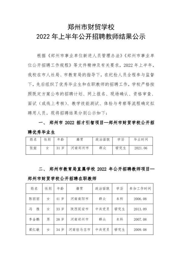 郑州市财贸学校2022年上半年公开招聘教师结果公示 1